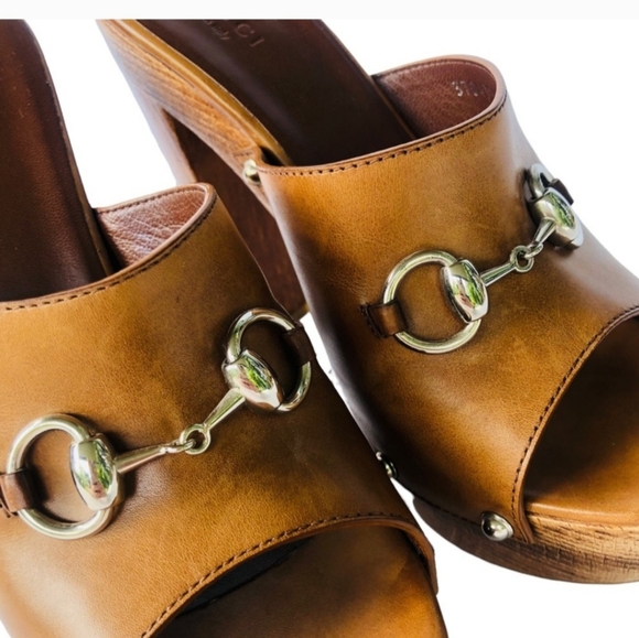 Gucci Cognac Morena Horsebit Studded Leather Clog Wooden Heel Sandal Size 8 - Picture 3 of 13